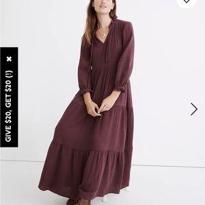 Madewell light spun tie neck tiered midi dress